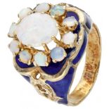 14K. Yellow gold rosette ring set with approx. 1.61 ct. welo opal and blue enamel.