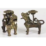 A set of (2) brass Foo dogs/Chinese lions, temple guards, candlestick holders, China, ca. 1900.