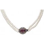 Two-row freshwater pearl necklace and silver closure set with ruby, tourmaline and diamond 925/1000.