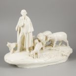 A pale white earthenware sculptural group, shepherd with flock of sheep, H. Schubert, Dux Czechoslov