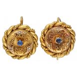 14K. Yellow gold antique earrings set with seed pearls and blue stone.
