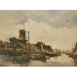 Piet in 't Hout (Den Haag 1879 - 1965), View of the "Nieuwe Haven", Schiedam, with windmill towering