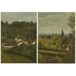 Unknown artist, 20th C. A village in a landscape; A small church in a hilly landscape.