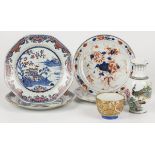 A lot of various porcelain including two plates with imari decoration and a Japanese cup. China & Ja