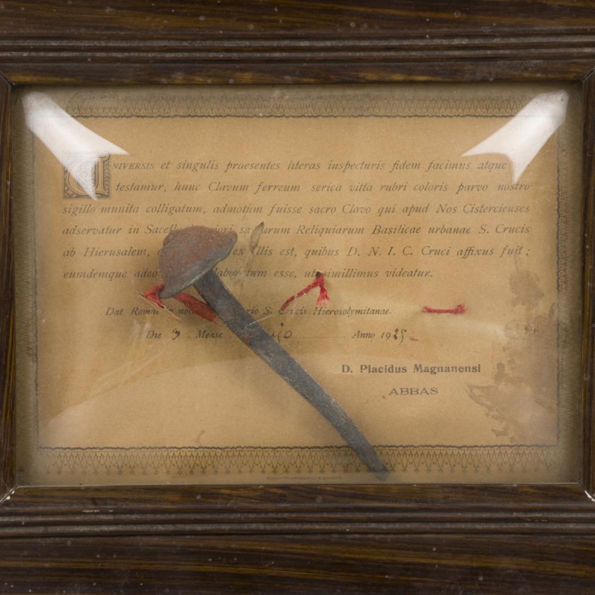 A relic of the crucifixion of Christ (iron nail), with certificate (dated 1925). - Image 2 of 3