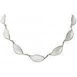 Willy Winnaess for David-Andersen silver necklace of leaf-shaped links with white guilloche enamel -