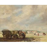 Gustave Facq / Fack (Doornik 1902 - 1971), A horse drawn cart in a meadow landscape.