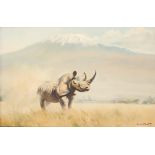 Donald Grant (North Shields, Northumberland, UK 1930 - 2001), A Rhino in front of Mount Kilimanjaro.