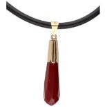 Rubber necklace with a 14K. yellow gold closure and pendant set with carnelian.