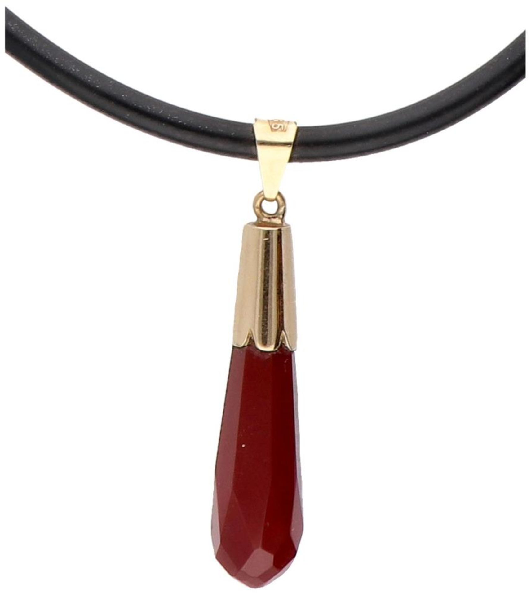 Rubber necklace with a 14K. yellow gold closure and pendant set with carnelian.