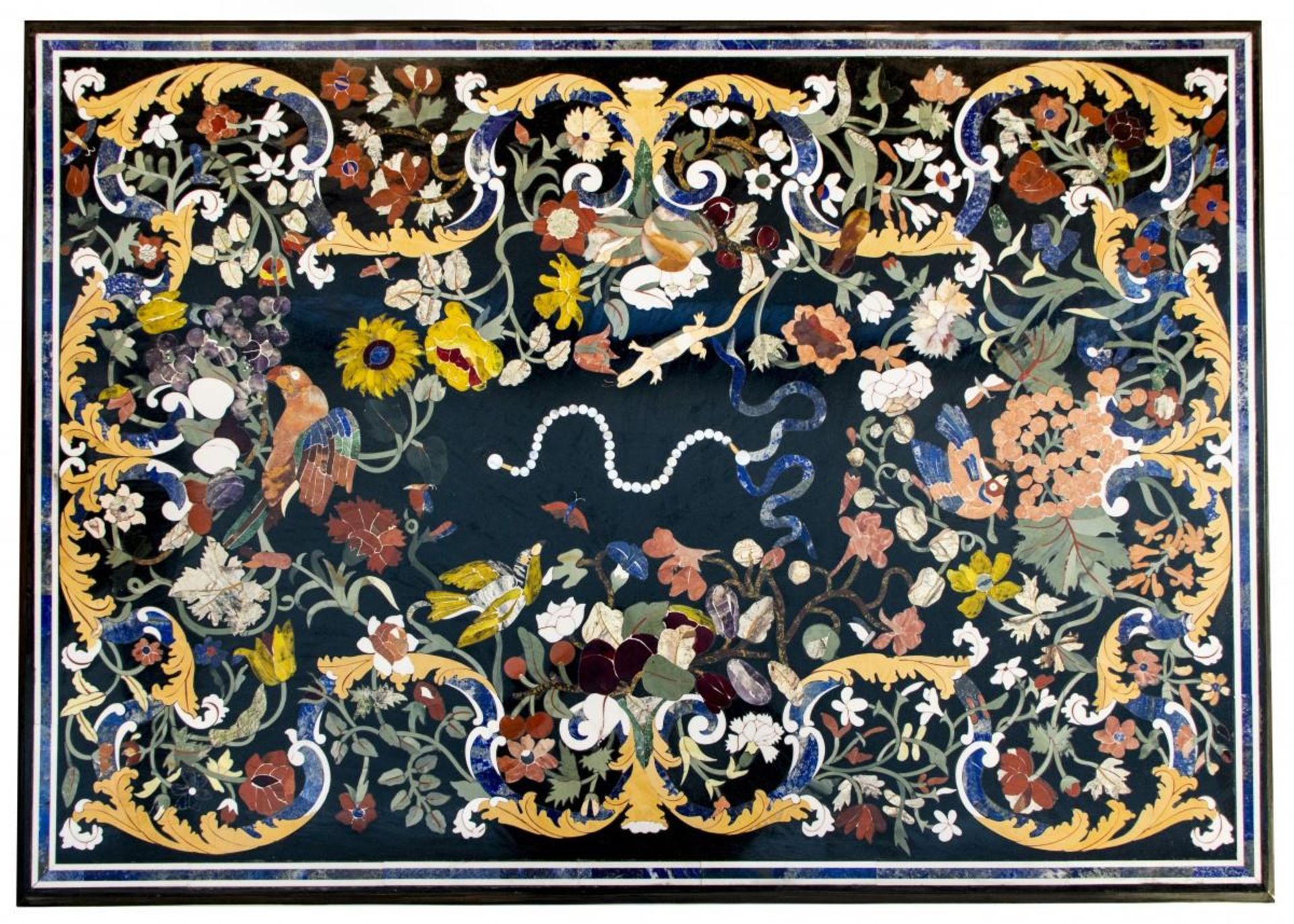 A rectangular Italian pietra dura table top with birds between blossom branches, 20th century.