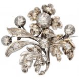 Silver floral shaped brooch set with rose cut diamonds - 925/1000.