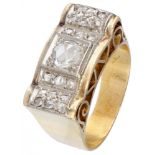 14K. Yellow gold openwork art deco tank ring set with rose cut diamond.