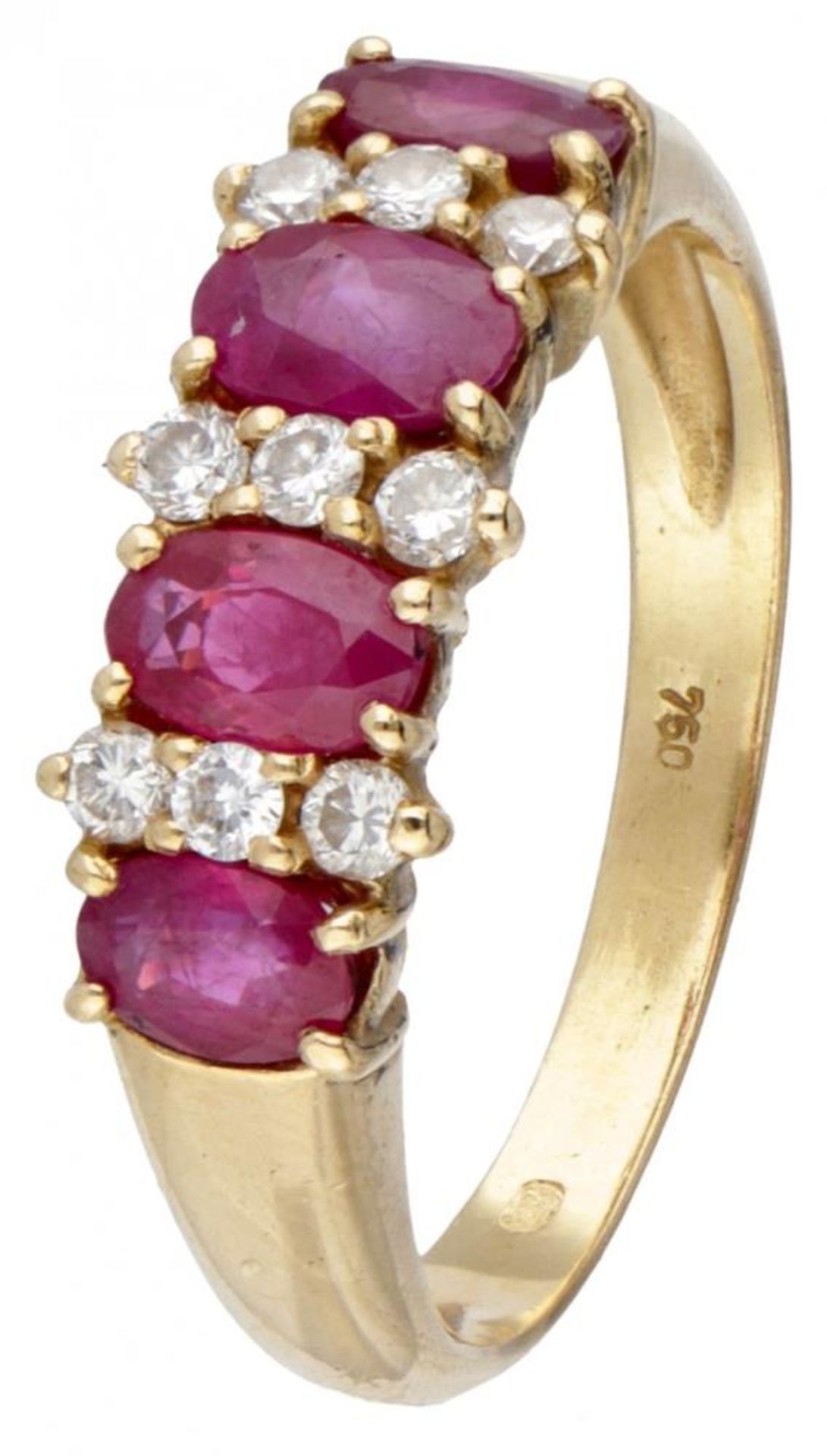 18K. Yellow gold ring set with approx. 0.18 ct. diamond and approx. 1.28 ct. ruby.