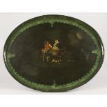 An oval tole tin serving tray with polychromed scene of a travelling company, England, 19th/ 20th ce