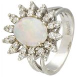 BLA 10K. White gold rosette ring set with approx. 1.36 ct. white precious opal and approx. 0.42 ct.