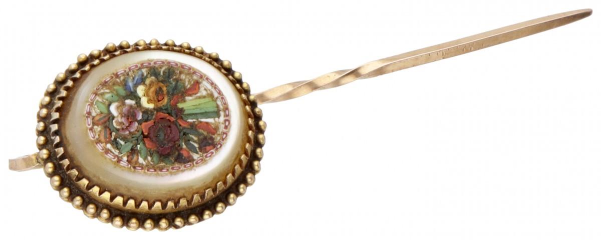 14K. Yellow gold antique lapel pin with floral micro mosaic inlaid in mother-of-pearl.