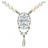 Art Deco pearl necklace with pendant set with approx. 2.20 ct. aquamarine and rose cut diamonds.
