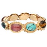 14K. Rose gold bracelet set with various gemstones including tiger eye and moss agate.