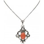 Silver necklace with pendant set with approx. 7.29 ct. red coral - 835/1000.