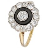 18K. Bicolor gold Art Deco target ring set with approx. 1.16 ct. diamond and onyx.