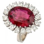 14K. White gold rosette ring set with approx. 0.96 ct. diamond and approx. 5.13 ct. natural pink tou