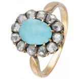 14K. Yellow gold rosette ring set with approx. 1.08 ct. turquoise and rose cut diamonds.