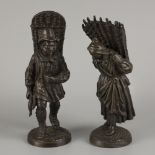 A set of (2) bronze statuettes of a duck merchant and a wood gatherer, 20th century.