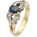 14K. Yellow gold ring set with approx. 0.10 ct. diamond and approx. 0.49 ct. natural sapphire.
