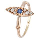 14K. Rose gold marquis ring set with approx. 0.12 ct. diamond and natural sapphire.