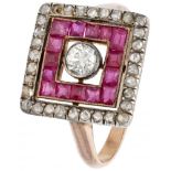 14K. Rose gold and 835/1000 silver Art Deco ring set with approx. 0.25 ct. diamond and synthetic rub