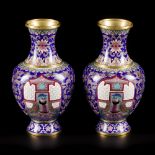 A set of (2) cloisonne vases with decor of a Mongolian ruler, China, 2nd half 20th century.