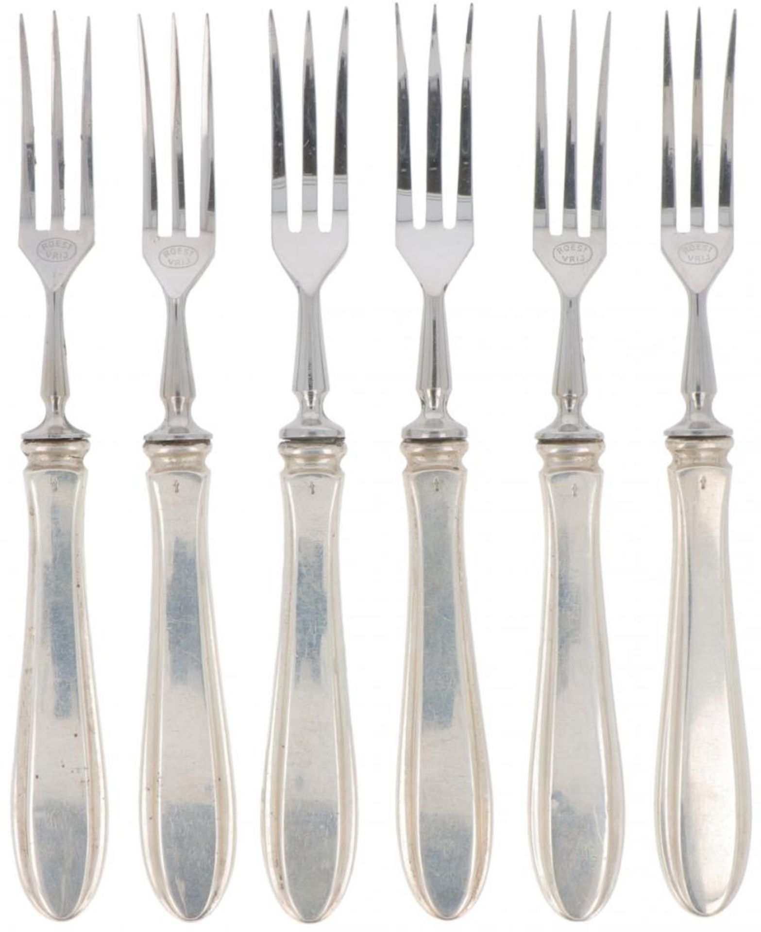 (6) piece set of fruit forks "Dutch point fillet" silver.