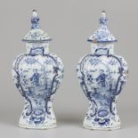 A set of (2) earthenware lidded vases with chinoiserie decoration, marked Het Fortuyn, Delft, 1730-1