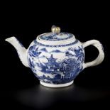 A porcelain teapot with river landscape and pagoda decor, with fruit-shaped knob on lid, China, 18th
