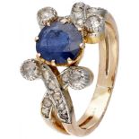 14K. Rose gold ring with Pt 950 platinum set with approx. 1.10 ct. natural sapphire and approx. 0.12