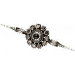 Silver antique flower-shaped brooch set with diamond/glass and onyx - 835/1000.