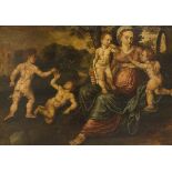 Northern Romanist master ca. 1600. Charitas / Charity - A mother figure with children playing in a g