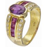 14K. Yellow gold cocktail ring set with approx. 0.20 ct. diamond and approx. 2.25 ct. natural ruby.