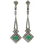Silver Art Deco clip earrings set with marcasite and chrysoprase - 835/1000.