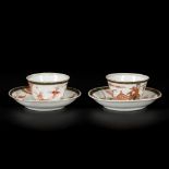A set of (2) porcelain Milk and Blood cups and saucers with stag and Long Eliza, China, 18th century
