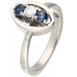 14K. White gold vintage marquise ring set with approx. 0.10 ct. diamond and sapphire.