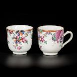 A set of (2) porcelain famille rose cups with handle, with floral Tobacco decorations, China, 18th c