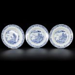 A set of (3) porcelain deep plates with pagoda/river decor, China, Qianlong, 18th century.