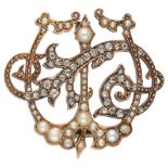 14K. Rose gold antique brooch set with rose cut diamonds and seed pearls.