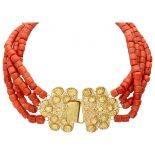 Four-row antique Zeeland red coral necklace with a 14K. yellow gold closure.