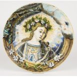 A majolica decorative charger with polychromed allegorical portrait of Flora, Germany, 20th century.