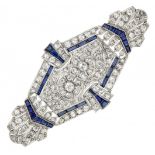 Pt 900 Platinum openwork Art Deco brooch set with approx. 1.80 ct. diamond and sapphire.