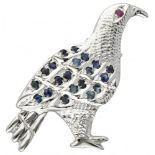Silver brooch of a bird set with sapphire and ruby ​​- 800/1000.