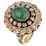 14K. Yellow gold and 925/1000 silver entourage ring set with approx. 1.36 ct. natural emerald and ro